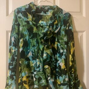 Style & Co. Camuto Green and Blue Ruffled Long Sleeve Blouse